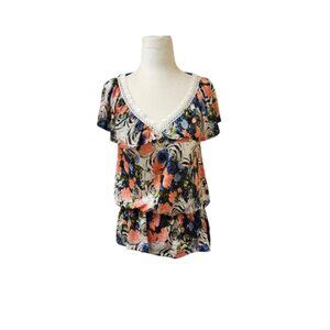 B_Envied Floral Soft Silky Peplum Blouse Top Large Blue White Coral